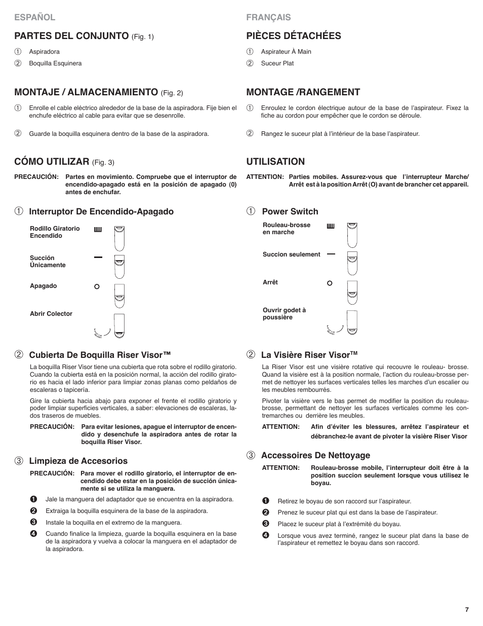 Pièces détachées, Montage /rangement, Utilisation | Partes del conjunto, Montaje / almacenamiento, Cómo utilizar | Eureka 60 Série User Manual | Page 7 / 12