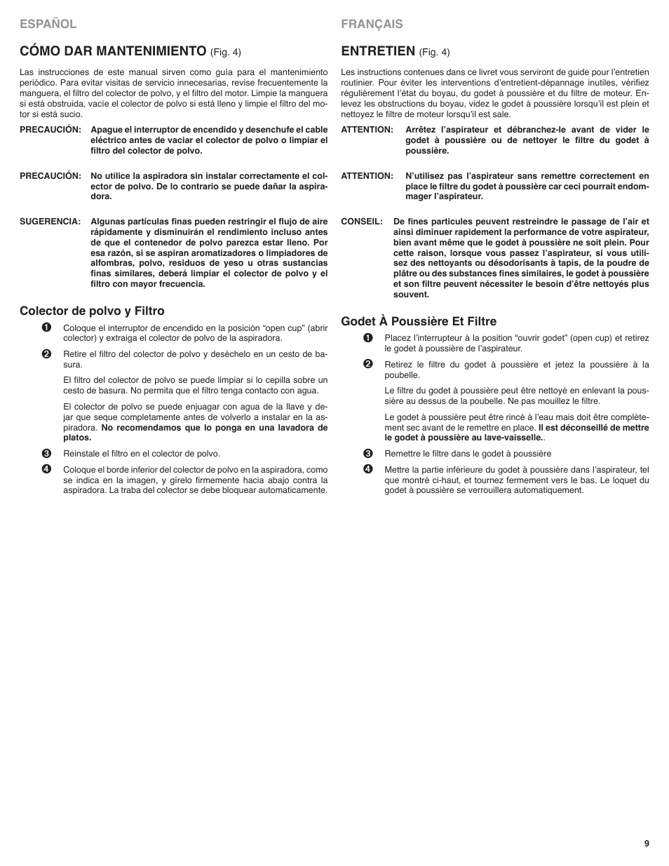 Cómo dar mantenimiento, Entretien, Español français | Colector de polvo y filtro, Godet à poussière et filtre | Eureka 60 Série User Manual | Page 9 / 12