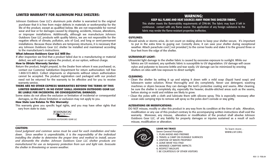 Alum pole shltr 09.ai, Warning, Limited warranty for aluminum pole shelters | Eureka Breezeway User Manual | Page 2 / 2
