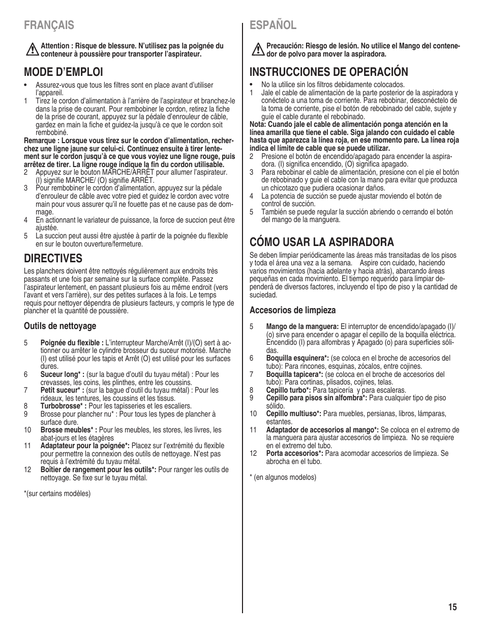 Français, Mode d’emploi, Directives | Español, Instrucciones de operación, Cómo usar la aspiradora | Eureka 950 Serias User Manual | Page 15 / 20