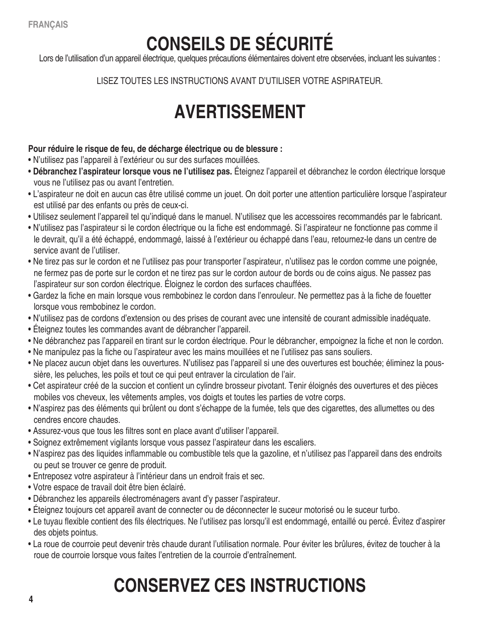 Conseils de sécurité, Avertissement, Conservez ces instructions | Eureka 950 Serias User Manual | Page 4 / 20