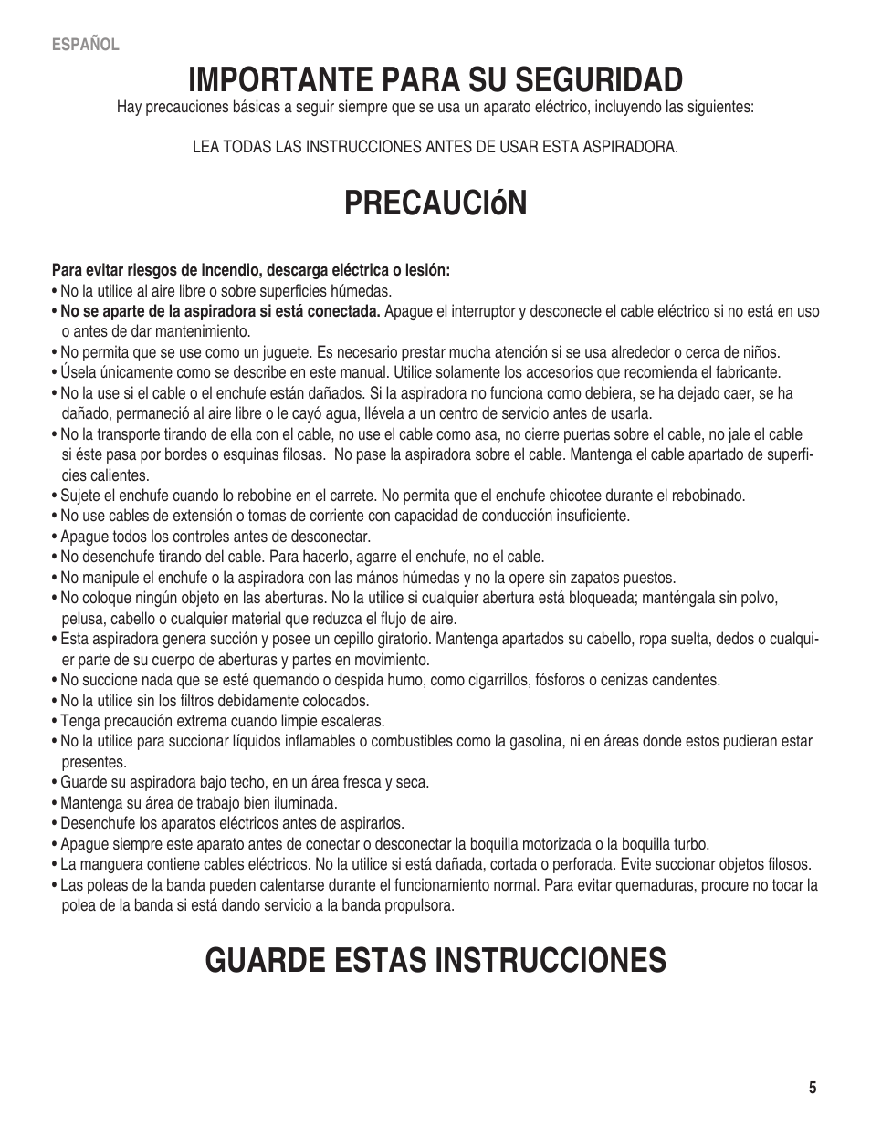 Importante para su seguridad, Precaución, Guarde estas instrucciones | Eureka 950 Serias User Manual | Page 5 / 20