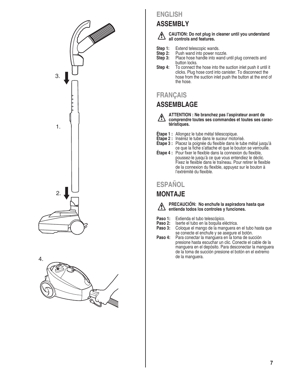 English assembly, Français assemblage, Español montaje | Eureka 950 Serias User Manual | Page 7 / 20