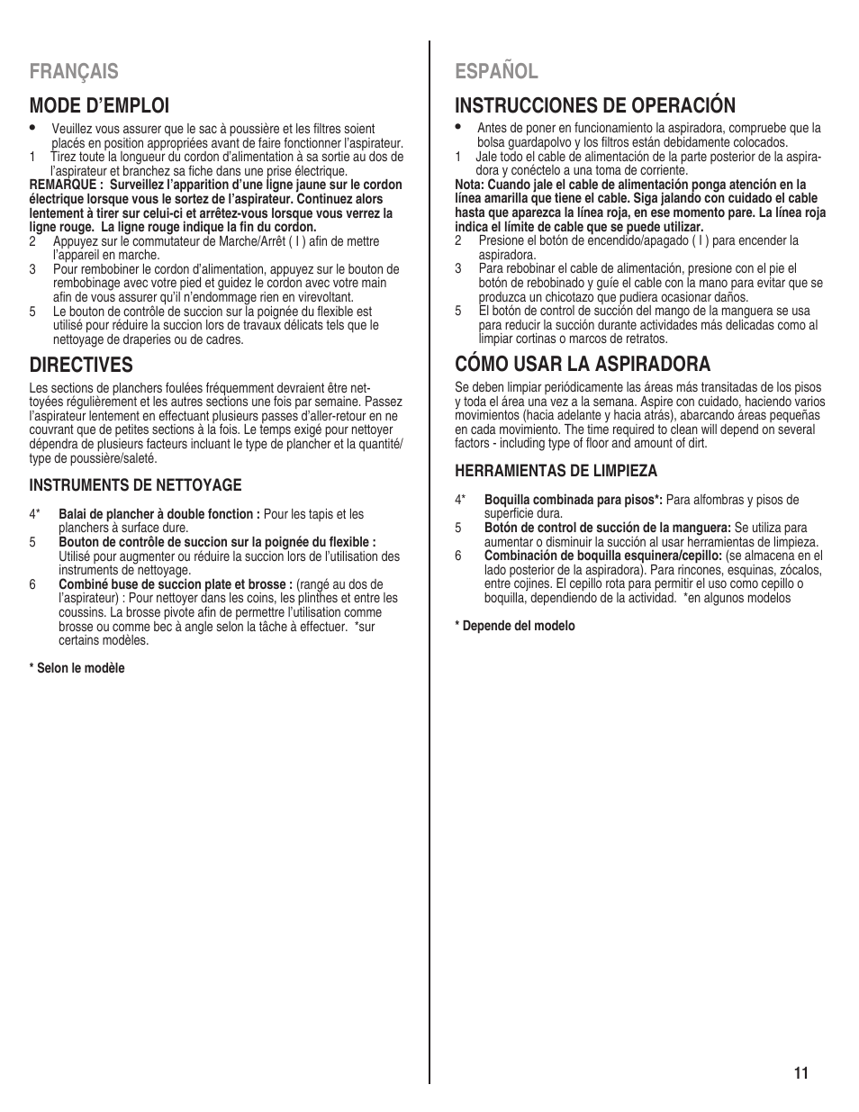 Español instrucciones de operación, Cómo usar la aspiradora, Français mode d’emploi | Directives | Eureka 980 serias User Manual | Page 11 / 16