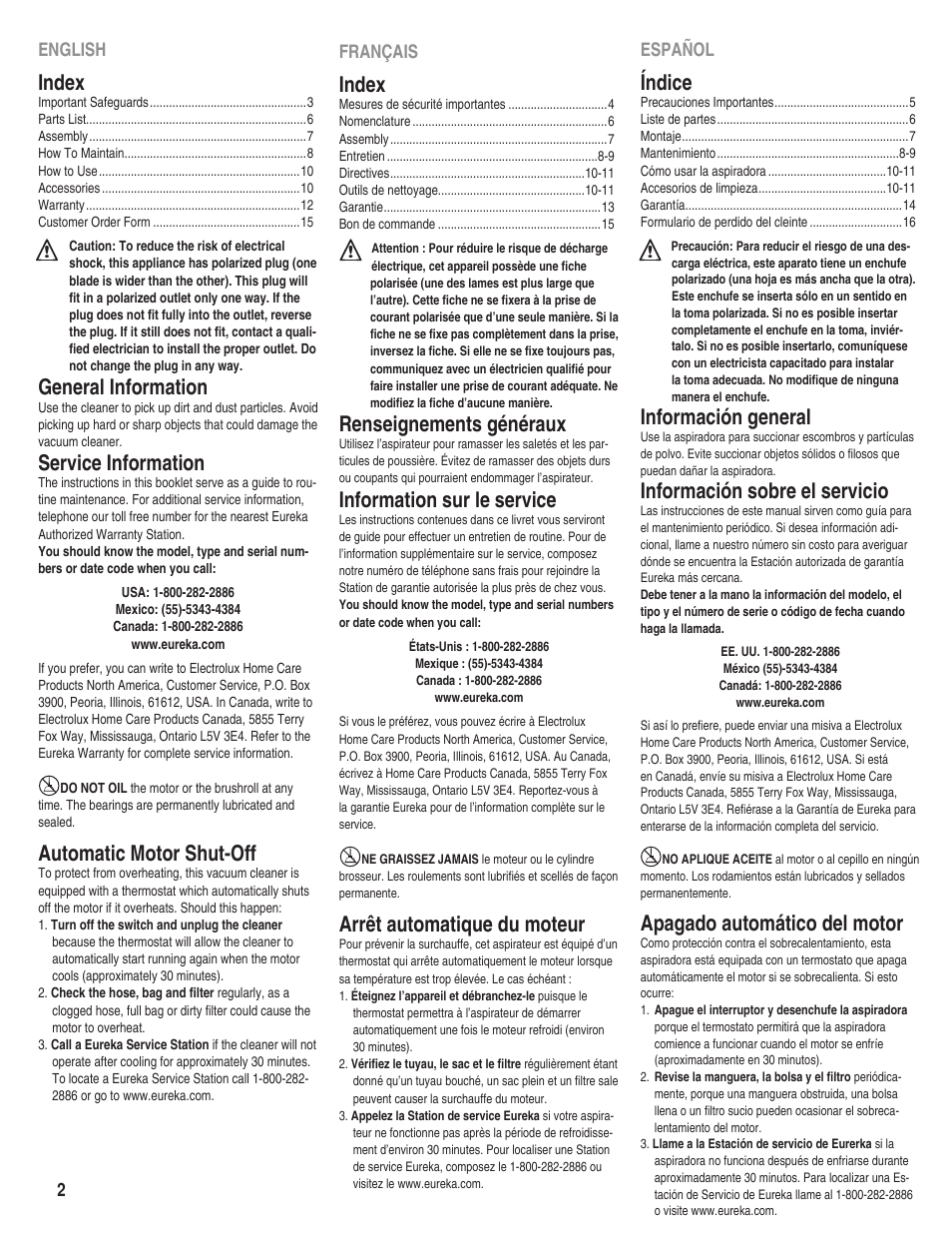 Index, General information, Service information | Automatic motor shut-off, Renseignements généraux, Information sur le service, Arrêt automatique du moteur, Índice, Información general, Información sobre el servicio | Eureka 980 serias User Manual | Page 2 / 16