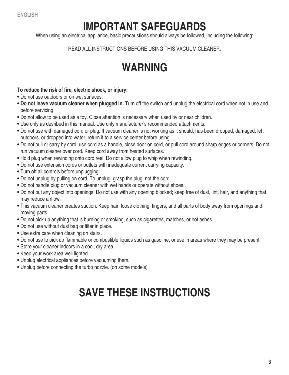 Important safeguards, Warning, Save these instructions | Eureka 980 serias User Manual | Page 3 / 16