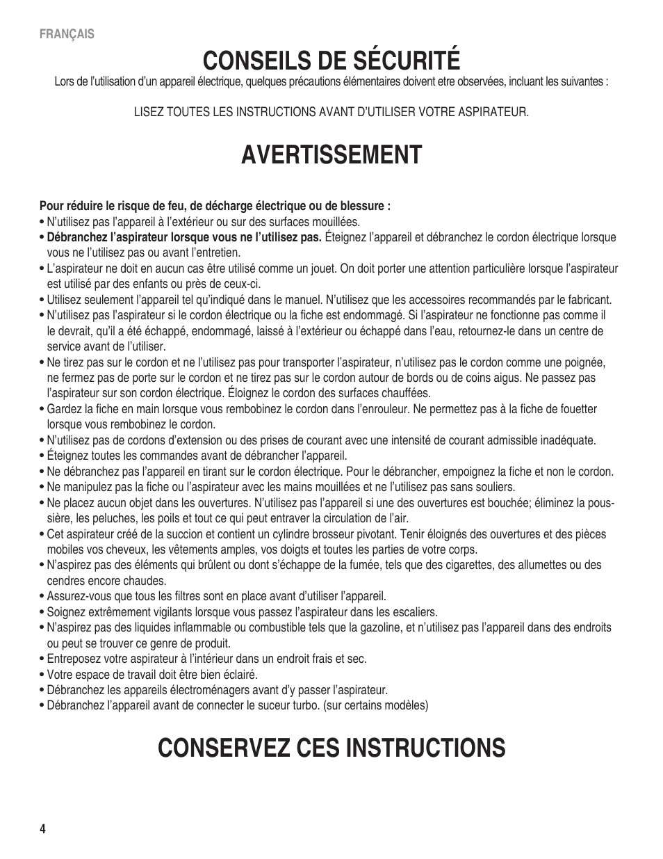Conseils de sécurité, Avertissement, Conservez ces instructions | Eureka 980 serias User Manual | Page 4 / 16