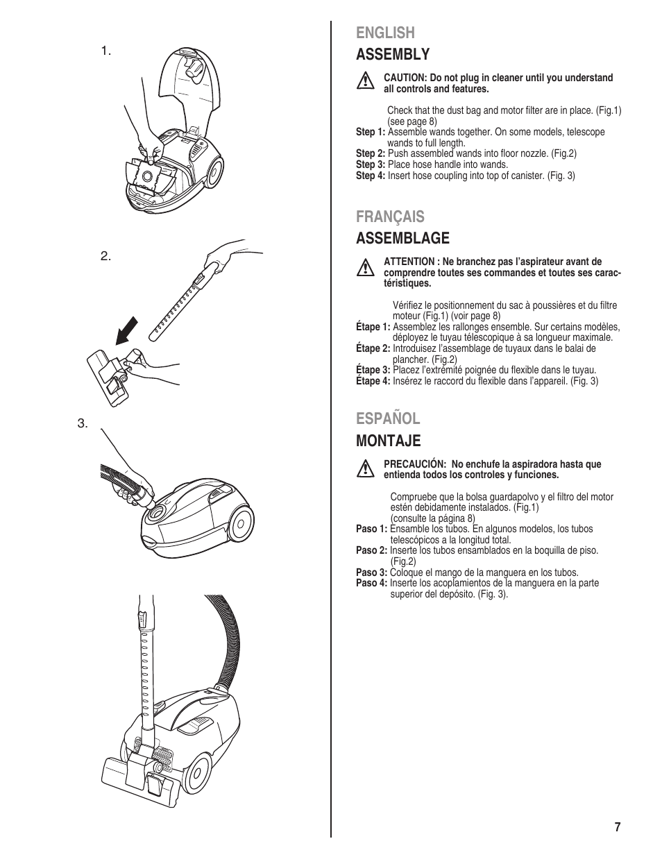 English assembly, Français assemblage, Español montaje | Eureka 980 serias User Manual | Page 7 / 16