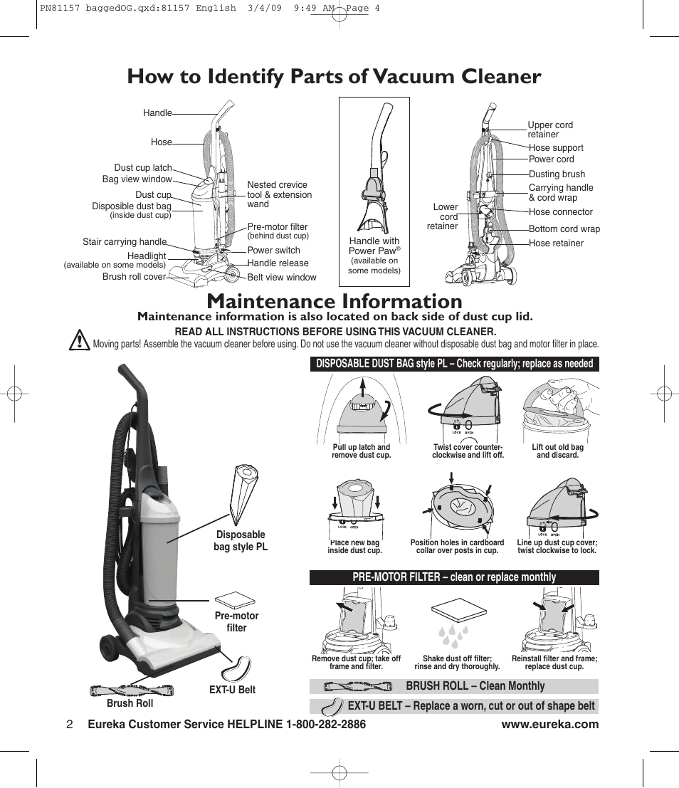 Maintenance information, How to identify parts of vacuum cleaner | Eureka 4750 Serias User Manual | Page 4 / 8