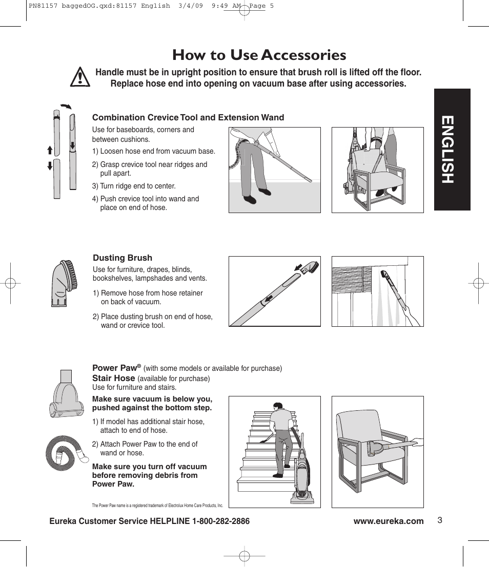 En g l is h, How to use accessories | Eureka 4750 Serias User Manual | Page 5 / 8