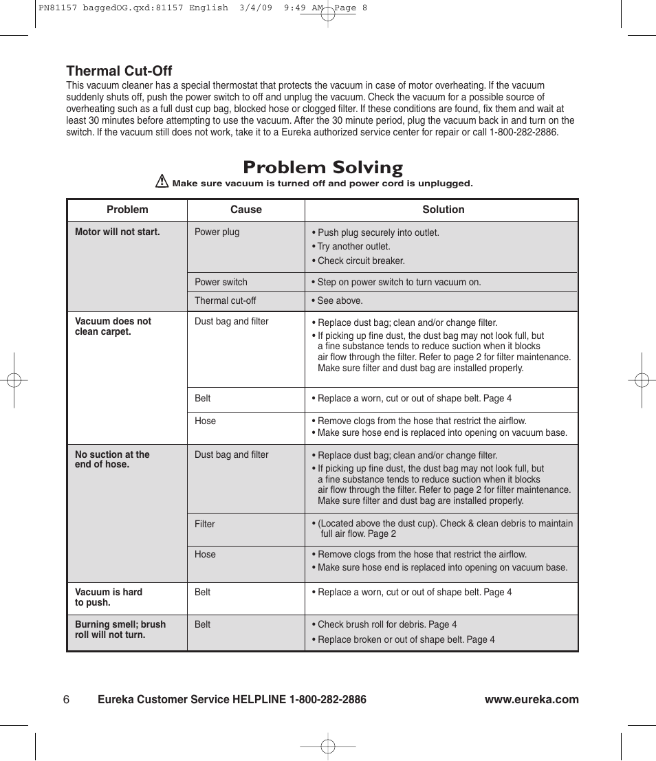 Problem solving, Thermal cut-off | Eureka 4750 Serias User Manual | Page 8 / 8