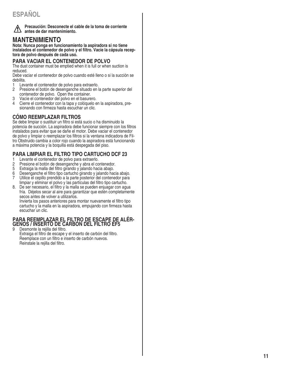 Español, Mantenimiento | Eureka serias 940 User Manual | Page 11 / 18