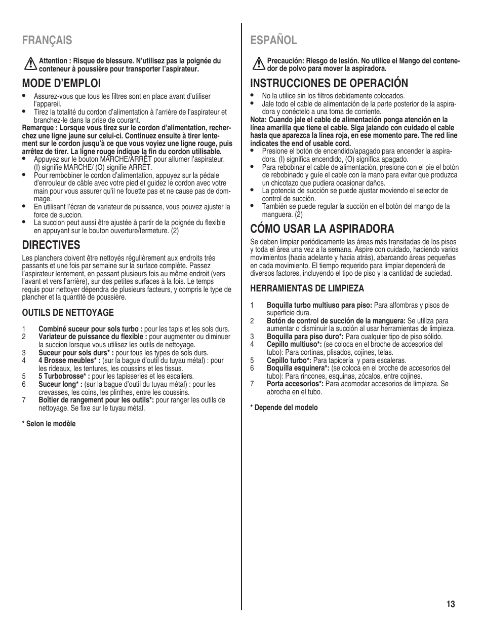 Español, Instrucciones de operación, Cómo usar la aspiradora | Français, Mode d’emploi, Directives | Eureka serias 940 User Manual | Page 13 / 18