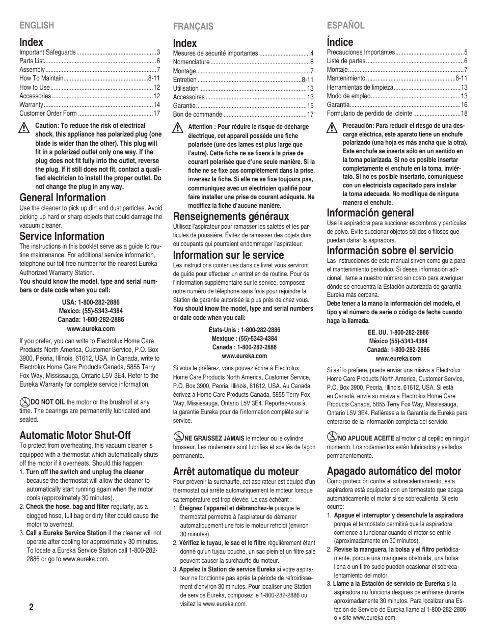 Index, General information, Service information | Automatic motor shut-off, Renseignements généraux, Information sur le service, Arrêt automatique du moteur, Índice, Información general, Información sobre el servicio | Eureka serias 940 User Manual | Page 2 / 18