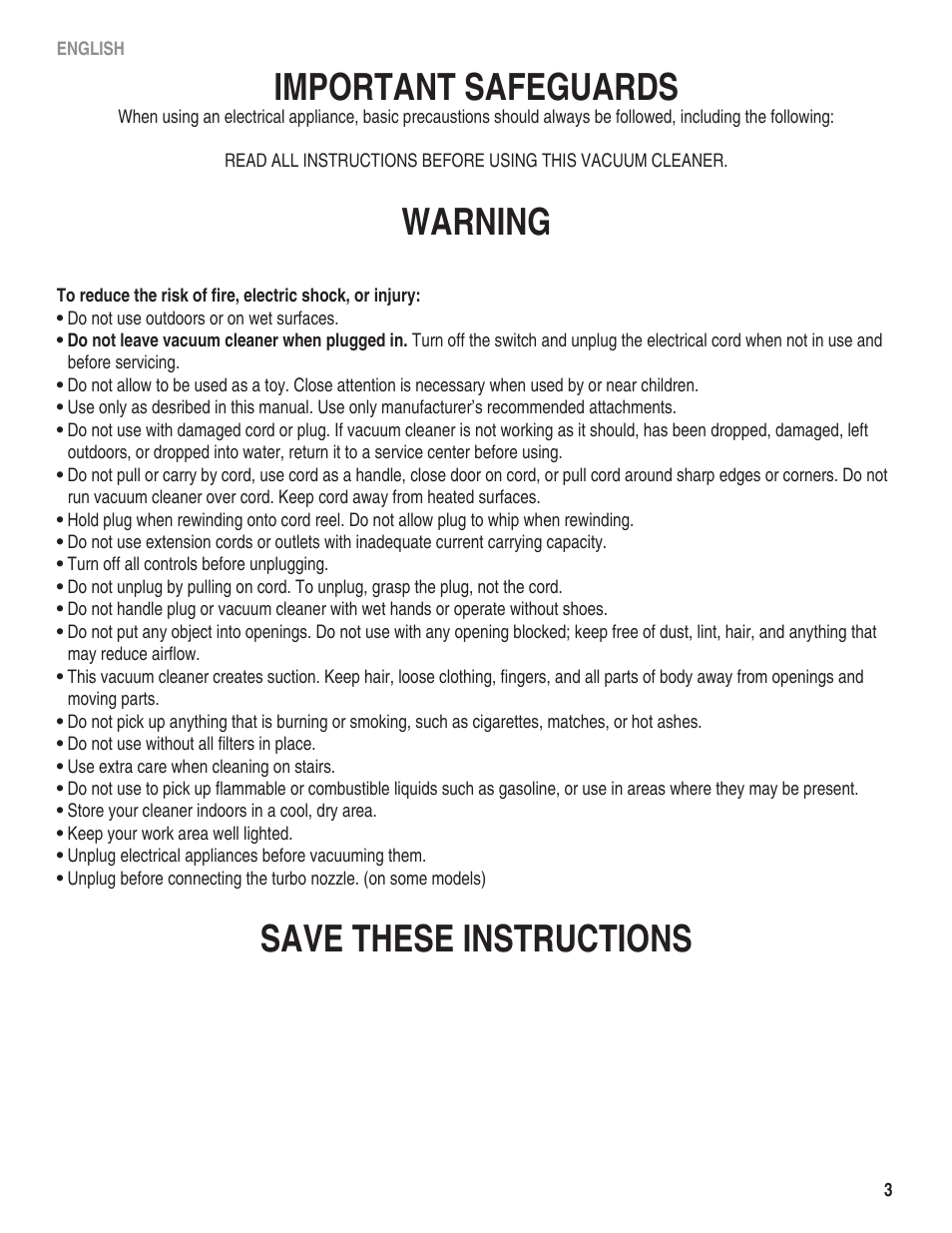 Important safeguards, Warning, Save these instructions | Eureka serias 940 User Manual | Page 3 / 18