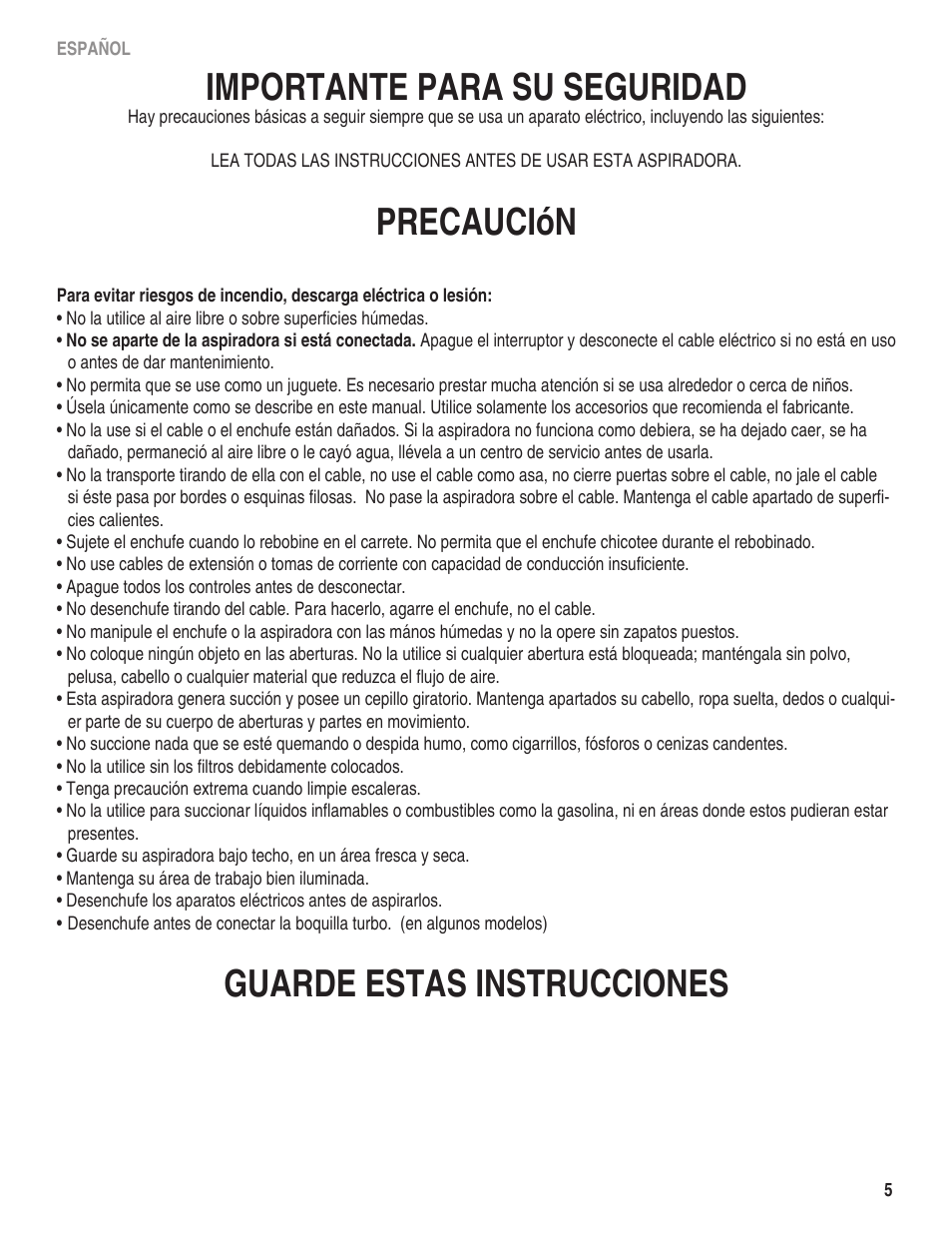 Importante para su seguridad, Precaución, Guarde estas instrucciones | Eureka serias 940 User Manual | Page 5 / 18