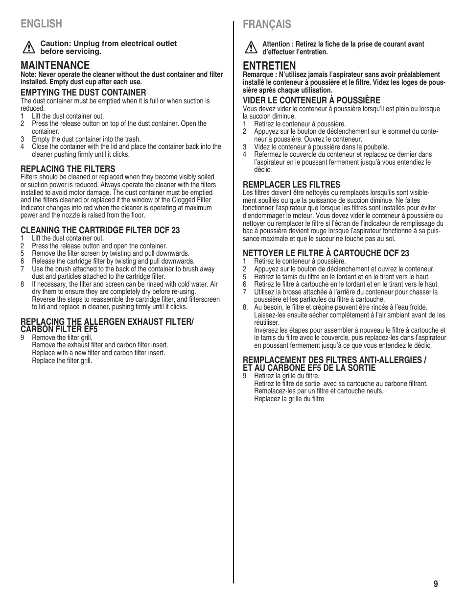 English, Maintenance, Français | Entretien | Eureka serias 940 User Manual | Page 9 / 18