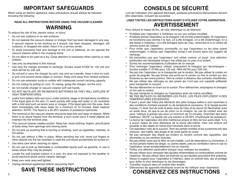 Important safeguards, Warning save these instructions, Conseils de sécurité | Avertissement, Conservez ces instructions | Eureka 79 SERIES User Manual | Page 2 / 7