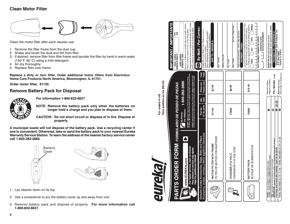 Clean motor filter, Remove battery pack for disposal | Eureka 79 SERIES User Manual | Page 5 / 7