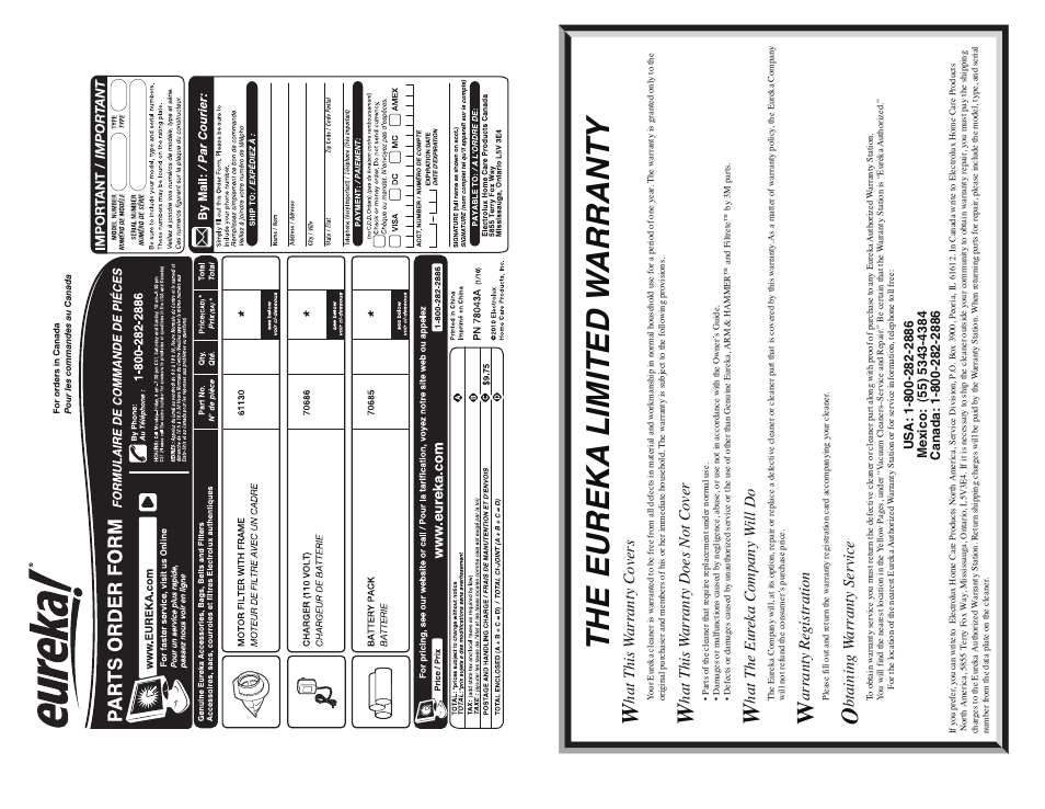 The eureka limited w arrant y, Hat this w arranty cover s, Hat this w arranty does not cover | Hat the eur eka company w ill do, Ar ra nt y registratio n, Btaining w ar ra nt y s er vice | Eureka 79 SERIES User Manual | Page 6 / 7