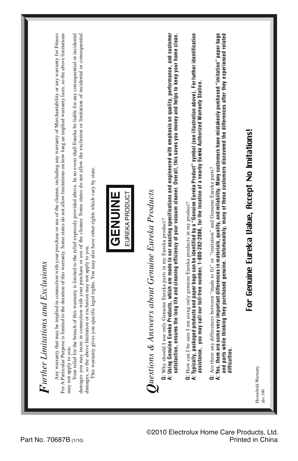 Genuine, Urther limitations and exclusions | Eureka 79 SERIES User Manual | Page 7 / 7