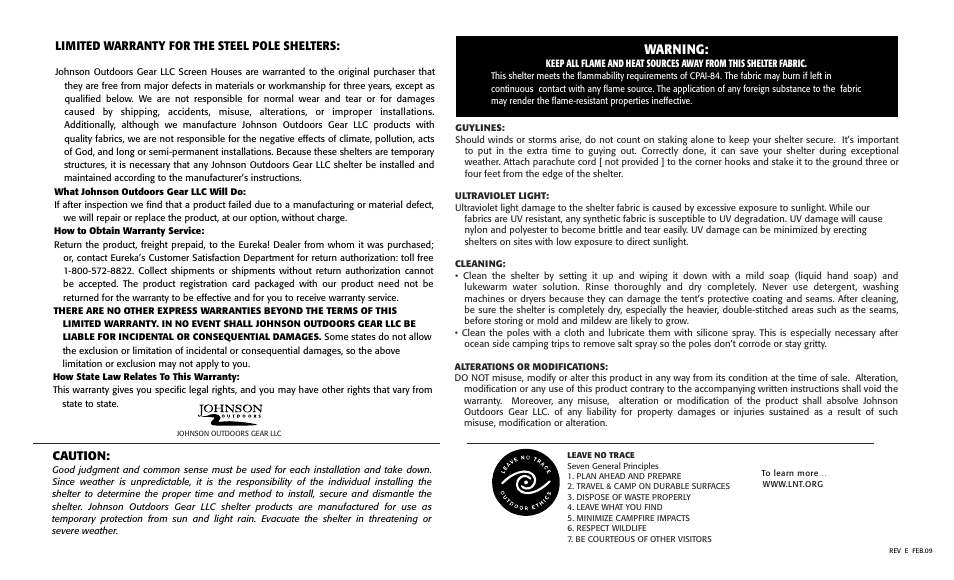 Steel pole sheltr.ai, Warning, Limited warranty for the steel pole shelters | Caution | Eureka Hex Screen House User Manual | Page 2 / 2