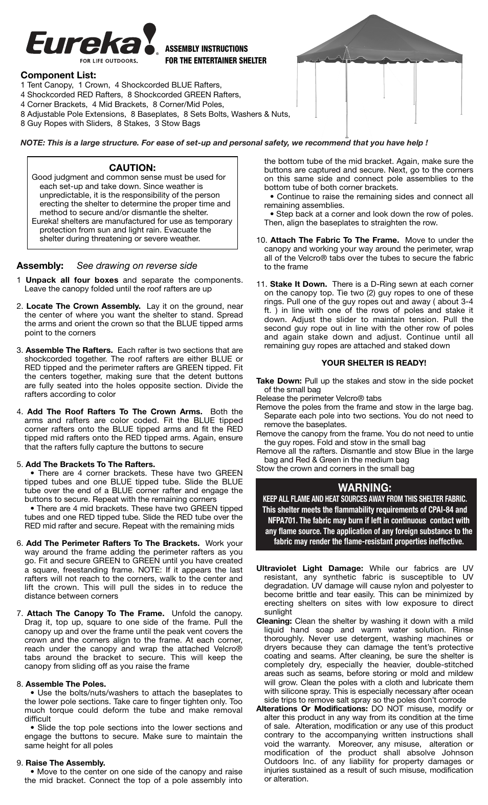 Eureka Entertainer Shelter User Manual | 2 pages