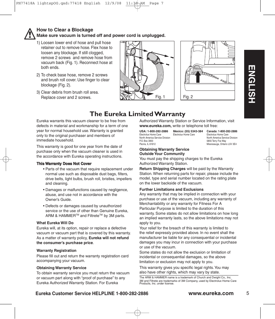 En g l is h, The eureka limited warranty | Eureka 4700 Seria User Manual | Page 7 / 8