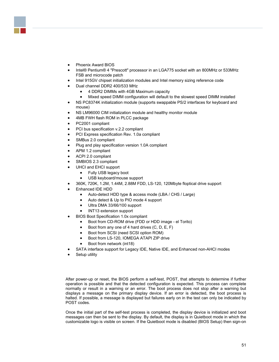 4 motherboard bios, 1 bios features, 2 post and boot | Endura RADISYS KP915GV User Manual | Page 51 / 125