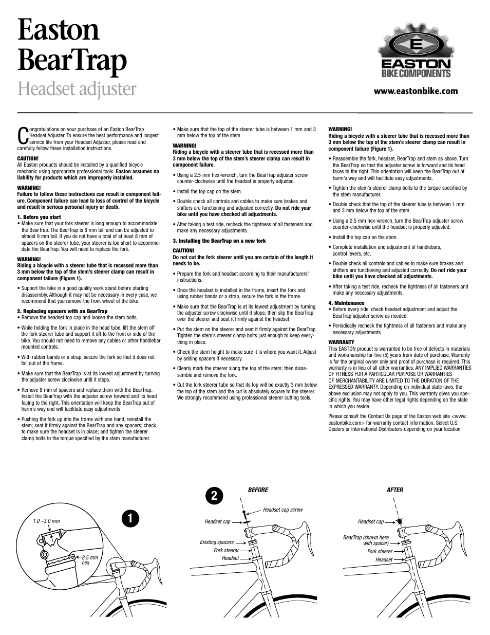 Easton Sports headset Adjuster BearTrap User Manual | 1 page