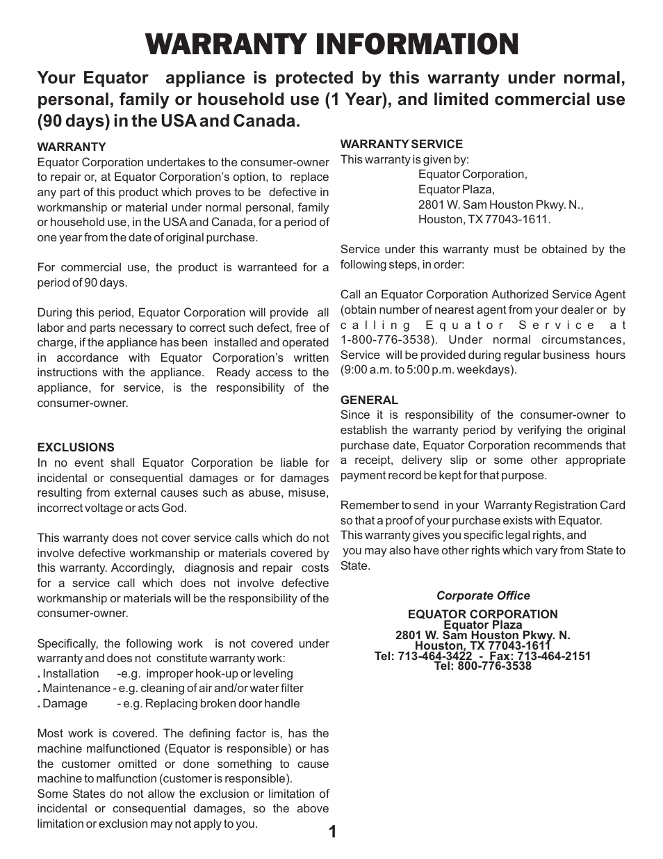 Warranty information | Equator CM 3000 User Manual | Page 4 / 9