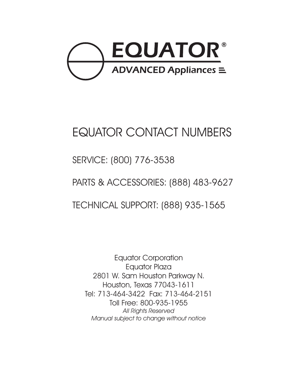 Equator contact numbers | Equator RF 1000 S User Manual | Page 12 / 12