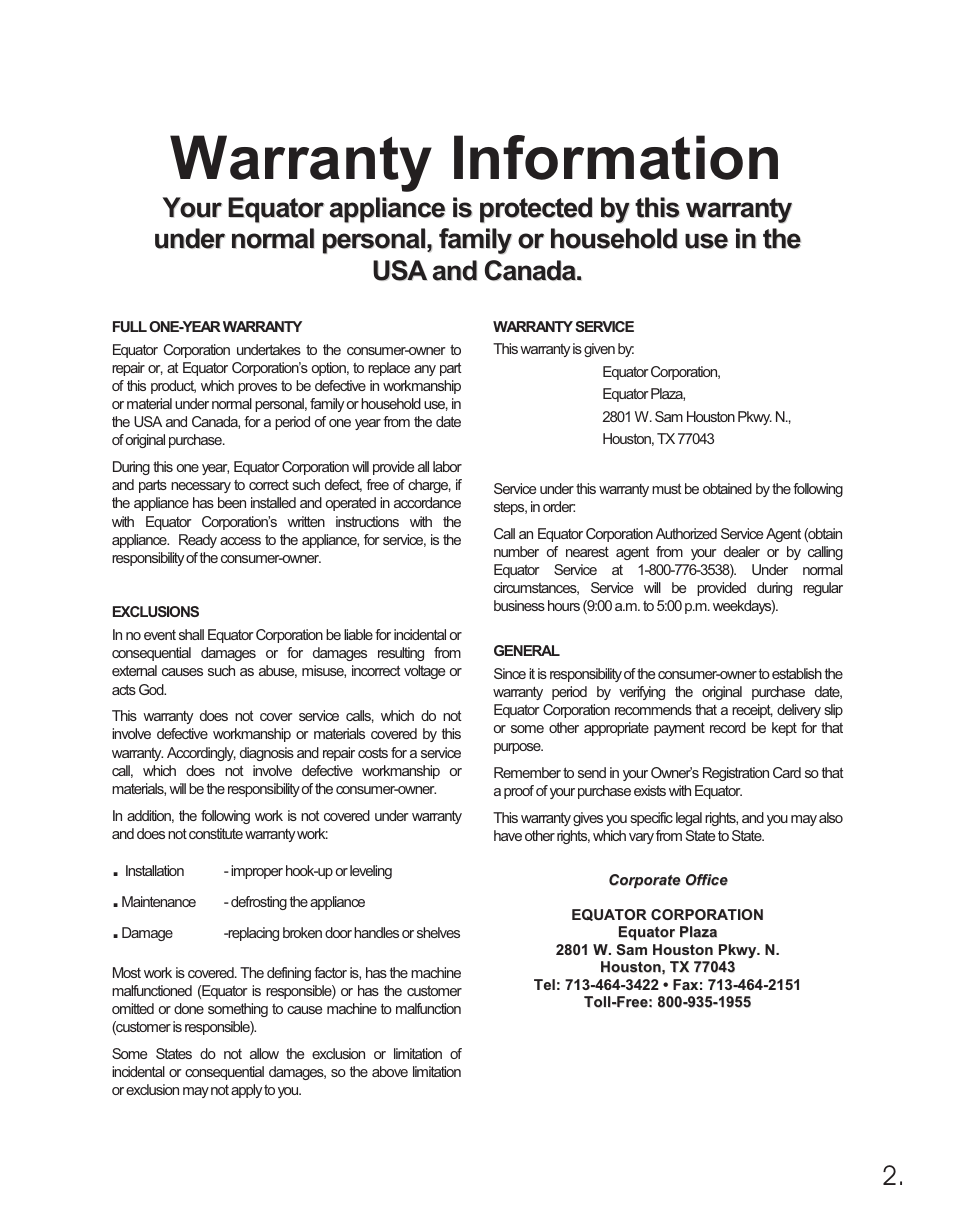 Warranty information | Equator RF 1000 S User Manual | Page 4 / 12
