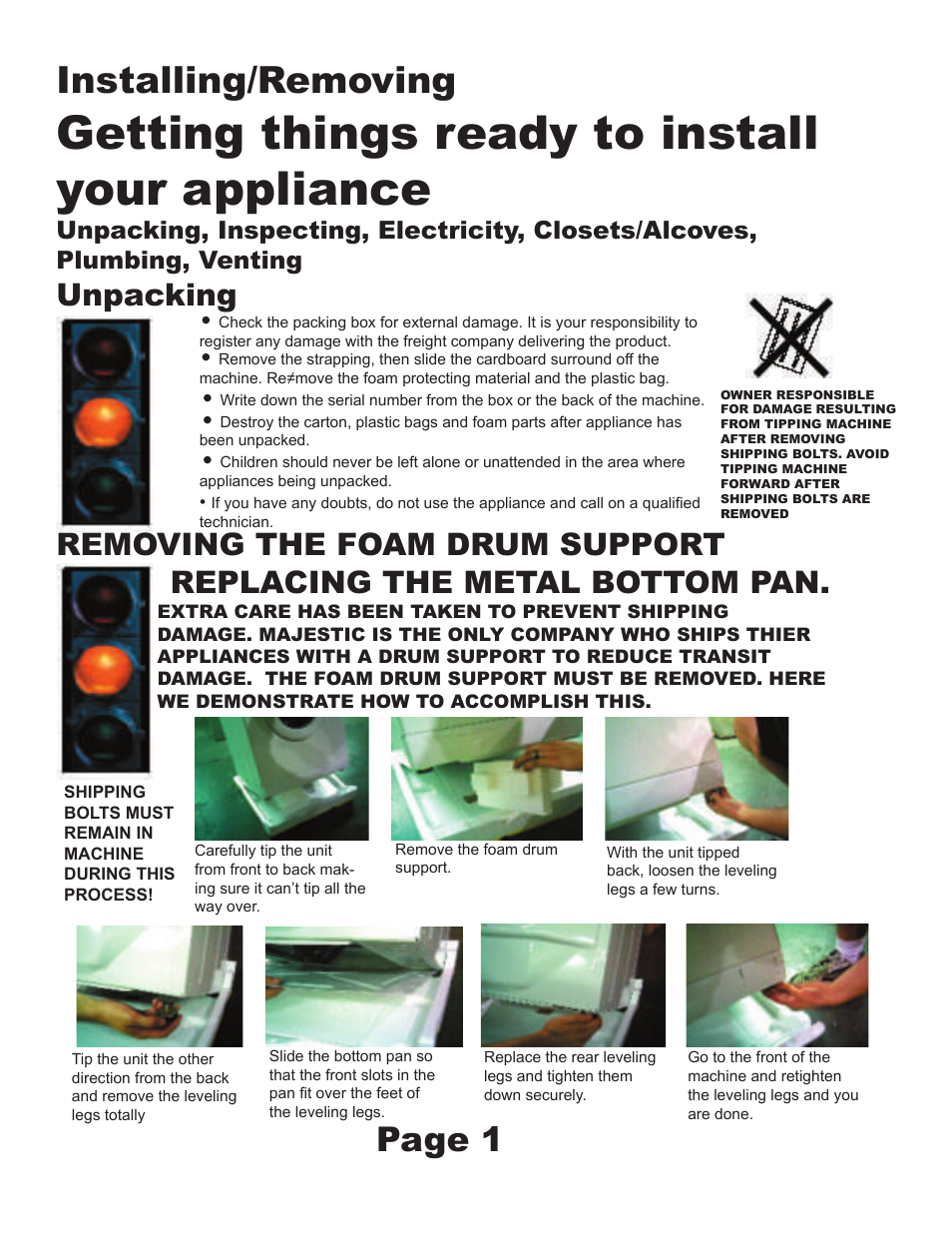 Getting things ready to install your appliance, Installing/removing, Page 1 | Unpacking | Equator Non Vented Combination Washer MJ-9900 User Manual | Page 3 / 6
