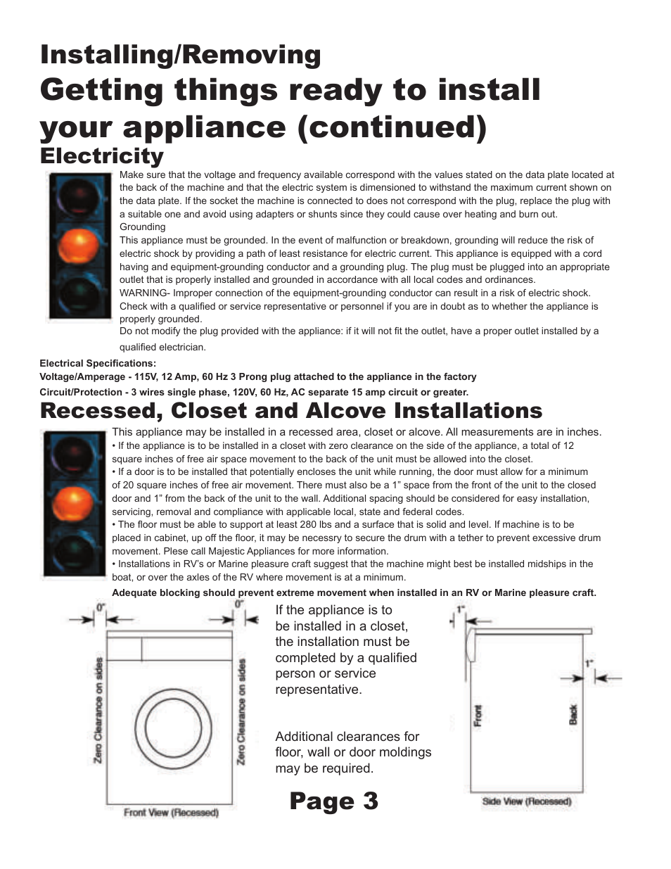 Installing/removing, Page 3, Electricity | Recessed, closet and alcove installations | Equator Non Vented Combination Washer MJ-9900 User Manual | Page 5 / 6