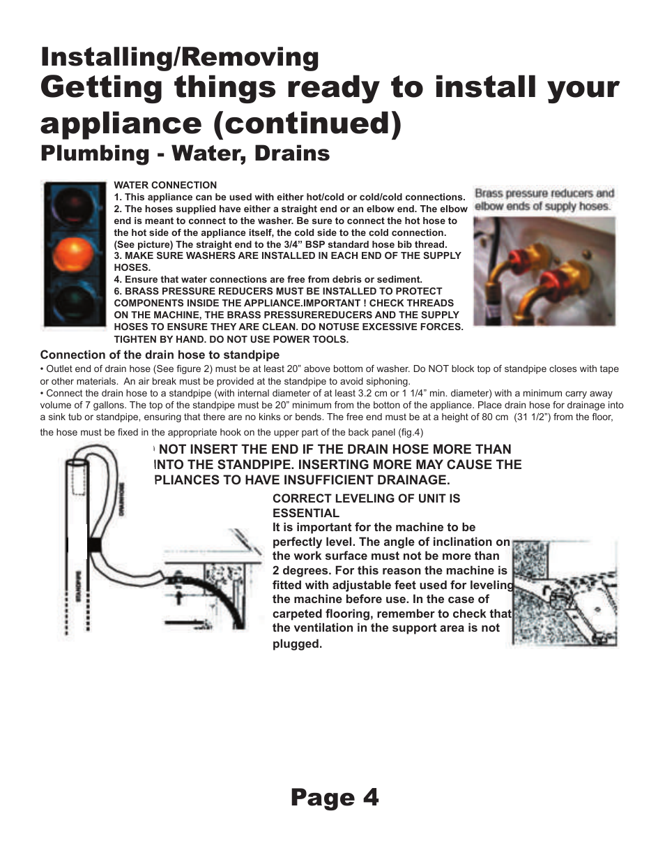 Installing/removing, Page 4, Plumbing - water, drains | Equator Non Vented Combination Washer MJ-9900 User Manual | Page 6 / 6