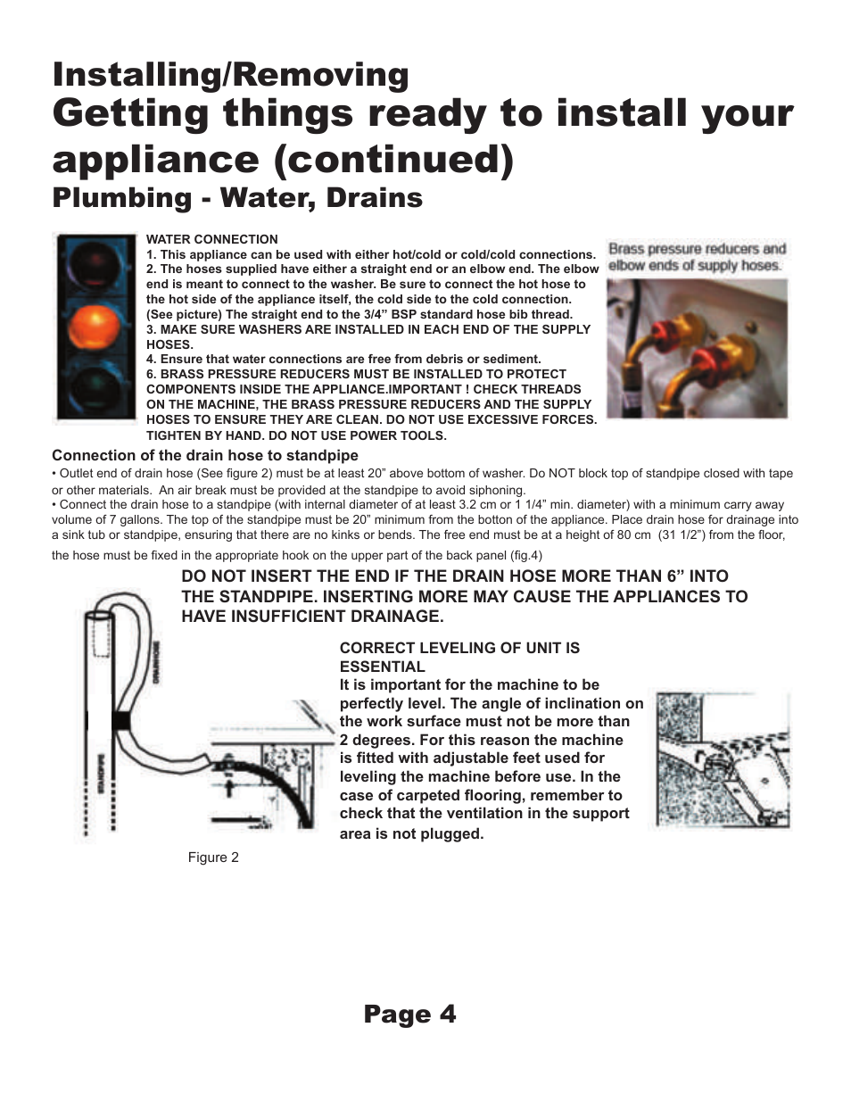 Installing/removing, Plumbing - water, drains, Page 4 | Equator MJ9200W User Manual | Page 6 / 6