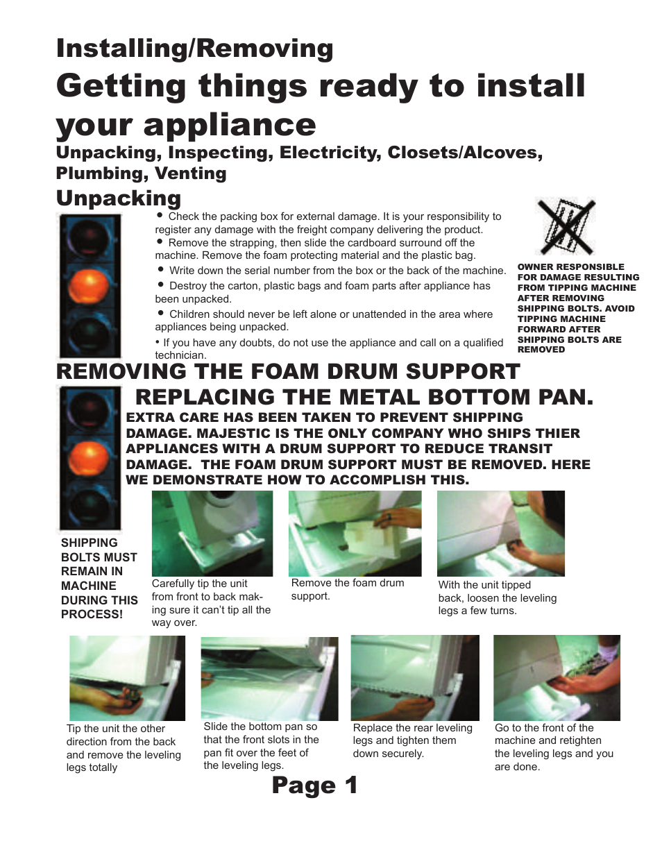 Getting things ready to install your appliance, Installing/removing, Page 1 | Unpacking | Equator MJ9200D User Manual | Page 3 / 6