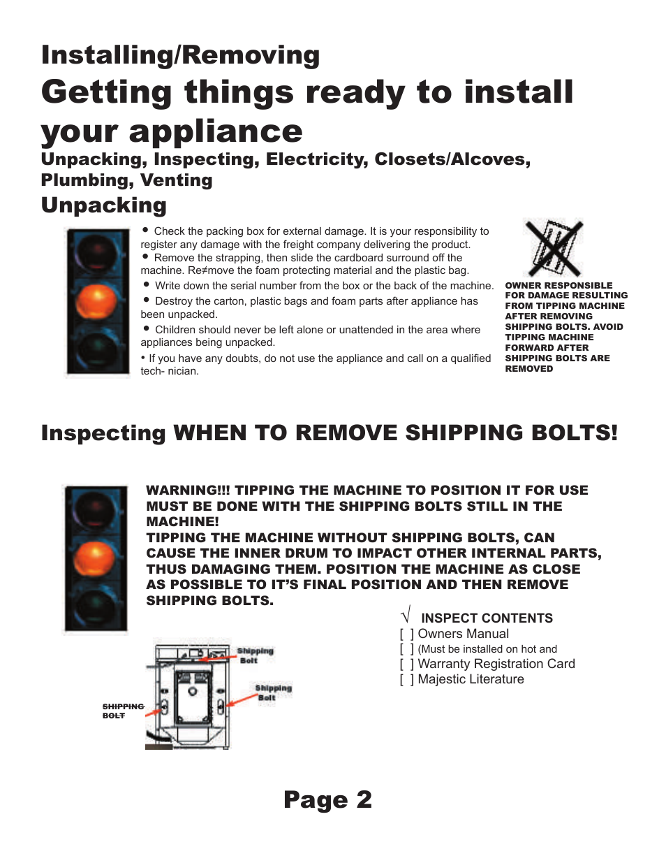 Getting things ready to install your appliance, Installing/removing, Page 2 | Unpacking, Inspecting, When to remove shipping bolts | Equator MJ9200D User Manual | Page 4 / 6