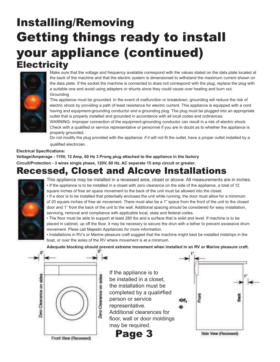 Installing/removing, Page 3, Electricity | Recessed, closet and alcove installations | Equator MJ9200D User Manual | Page 5 / 6