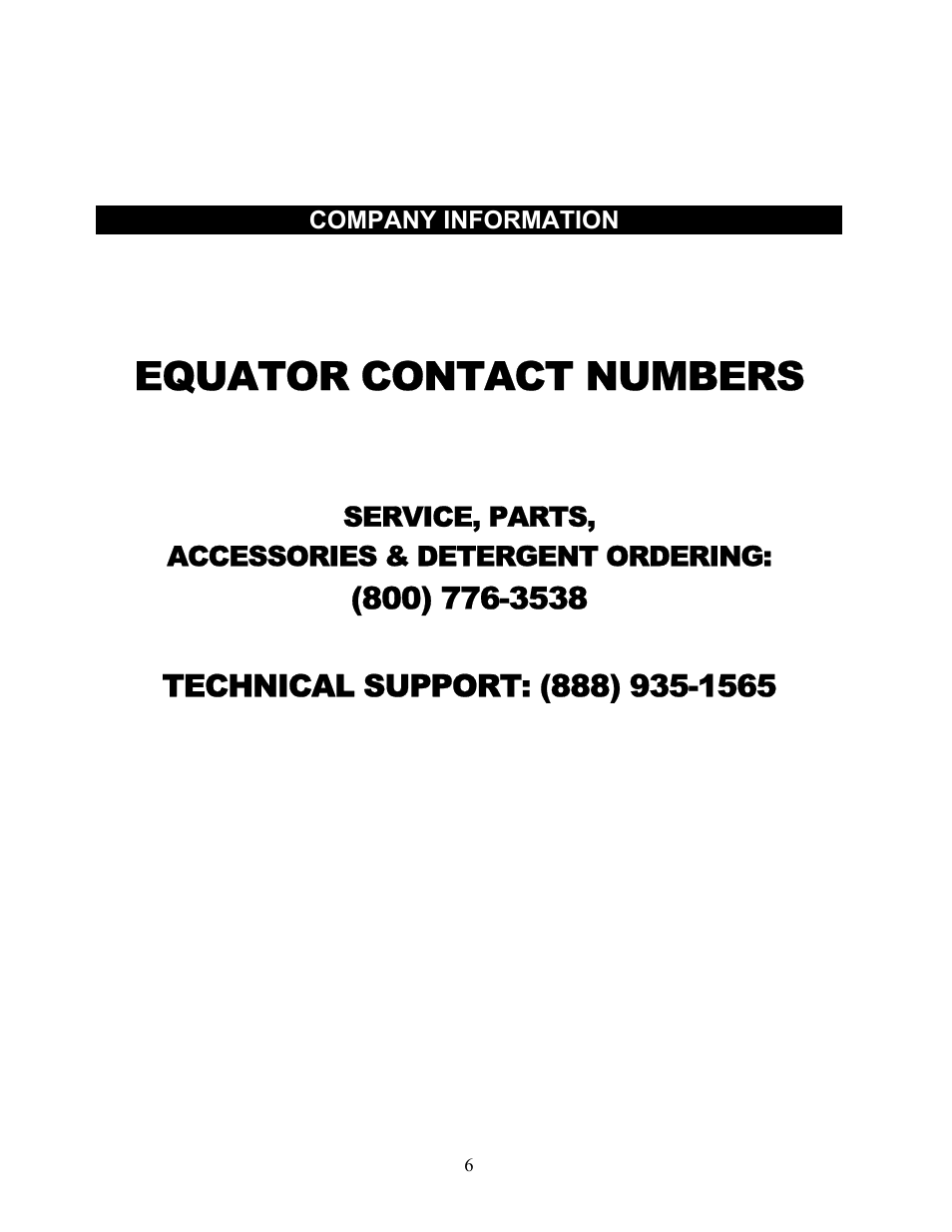 Equator contact numbers, Service, parts, accessories & detergent ordering | Equator ED 510 User Manual | Page 6 / 6