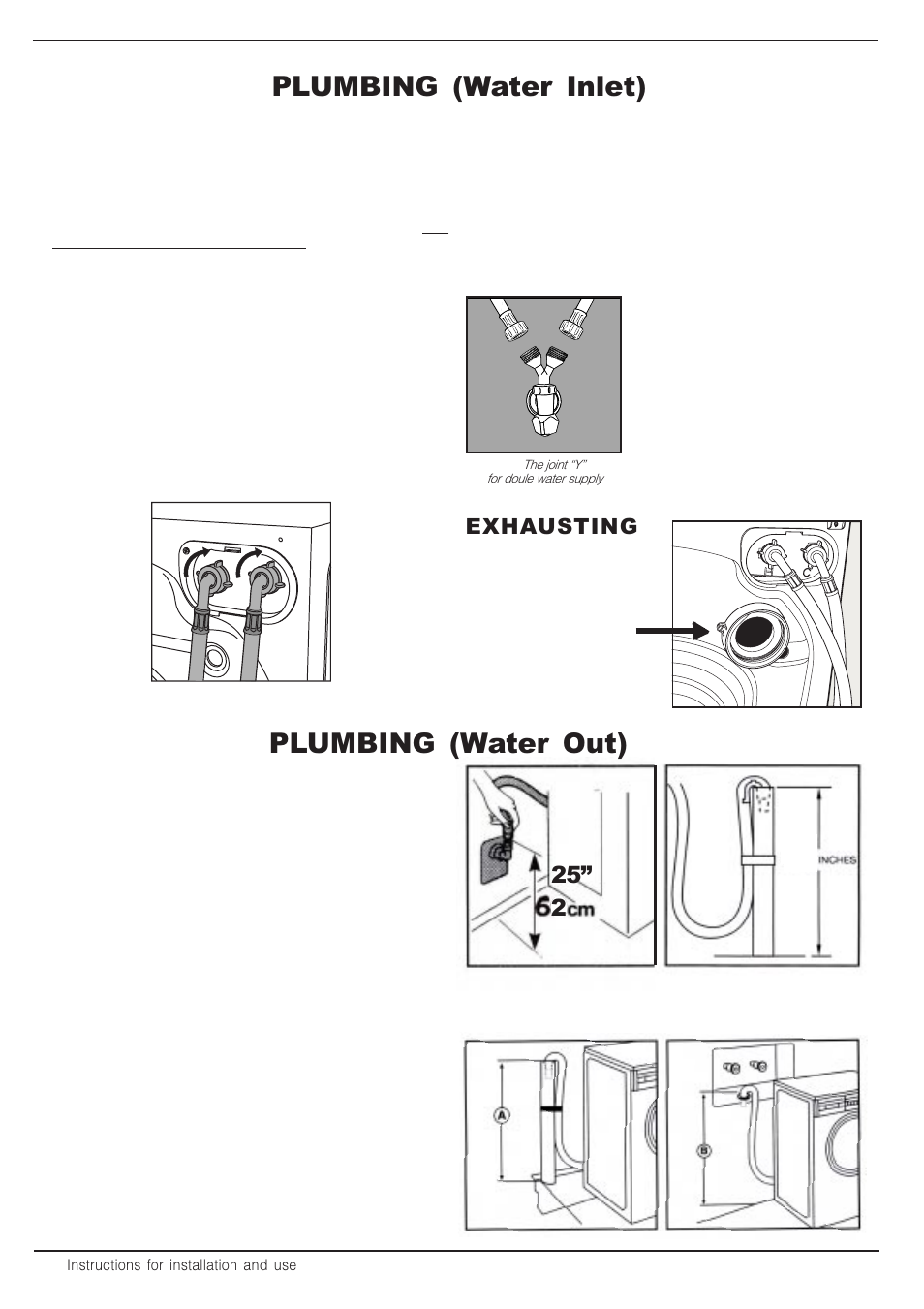 Plumbing (water inlet), Plumbing (water out), Standpipe drain system | Floor standpipe drain, Connection to the water mains, Exhausting | Equator EZ 1612 V User Manual | Page 8 / 20