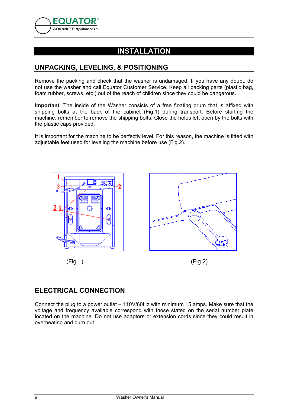 Installation, Unpacking, leveling, & positioning, Electrical connection | Equator EW 620 User Manual | Page 10 / 23