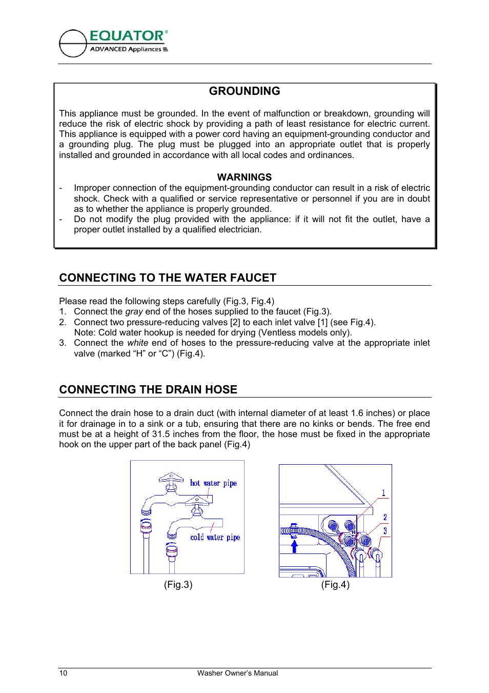 Grounding, Connecting to the water faucet, Connecting the drain hose | Equator EW 620 User Manual | Page 11 / 23