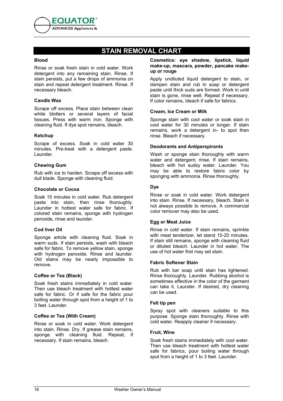 Stain removal chart | Equator EW 620 User Manual | Page 17 / 23