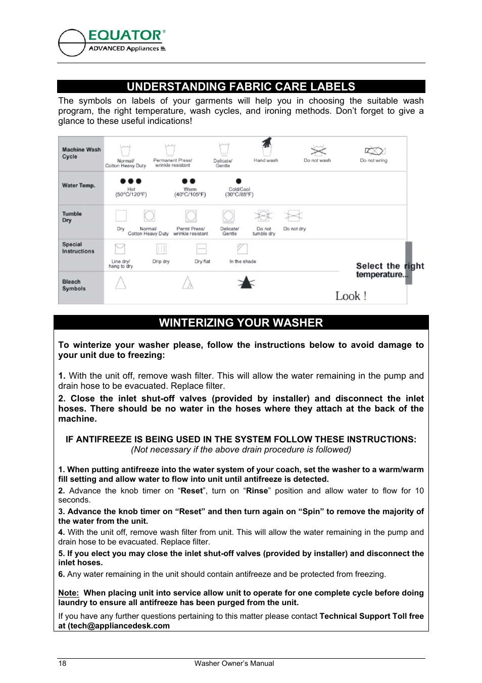 Understanding fabric care labels, Winterizing your washer | Equator EW 620 User Manual | Page 19 / 23
