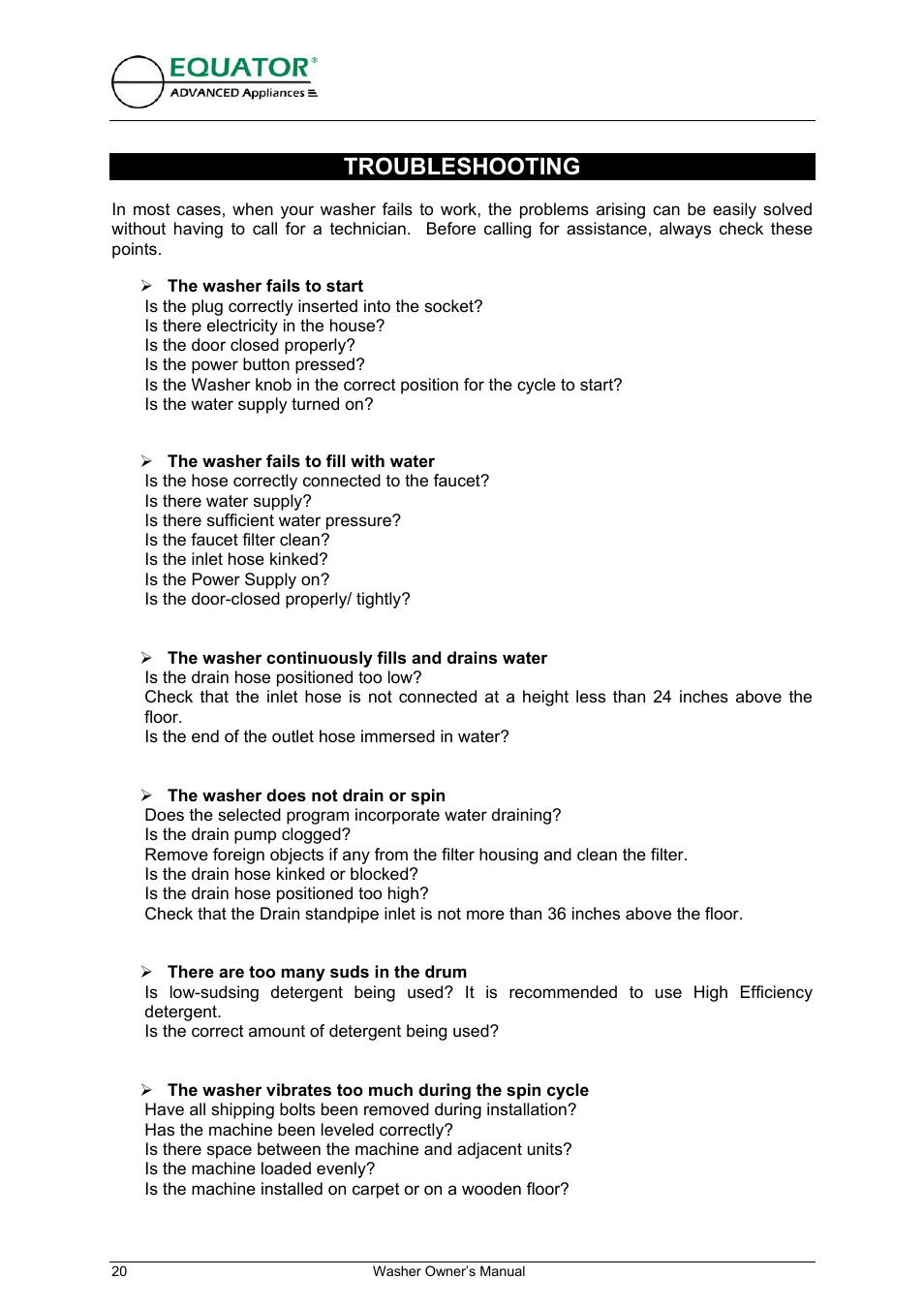 Troubleshooting | Equator EW 620 User Manual | Page 21 / 23