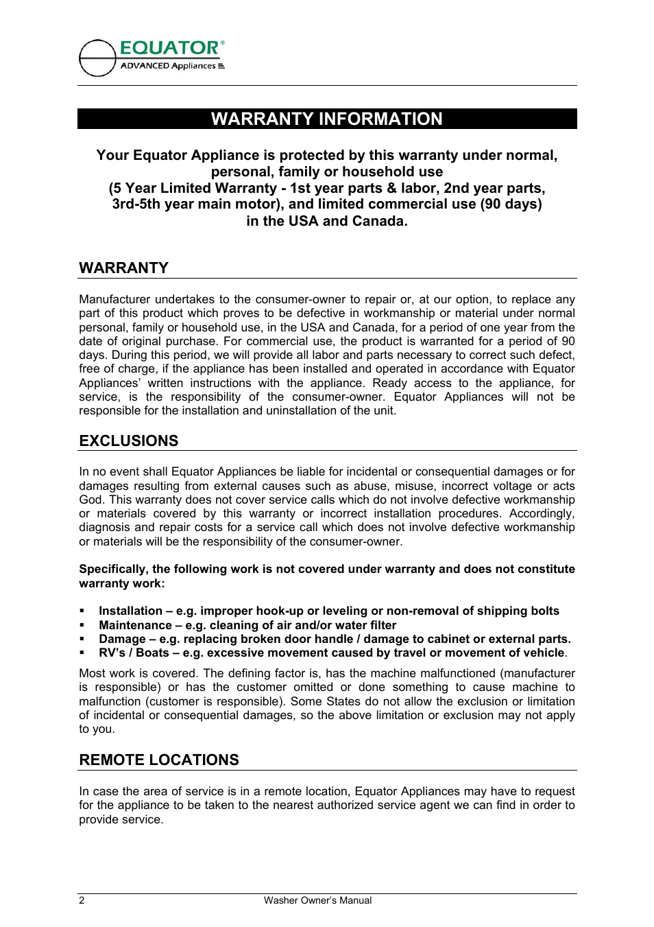 Warranty information, Warranty, Exclusions | Installation – e.g. improper hook-up or leveling, Maintenance – e.g. cleaning of air and/or water f, Damage – e.g. replacing broken door handle / dama, Remote locations | Equator EW 620 User Manual | Page 3 / 23