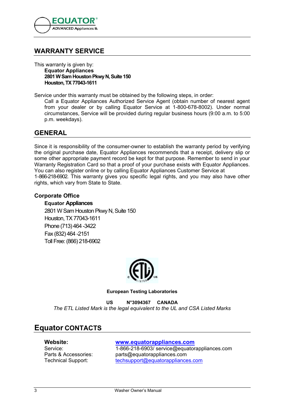 Warranty service, This warranty is given by, Equator appliances | General, Corporate office, European testing laboratories, Us n°3094367 canada, Equator contacts, Equator, Contacts | Equator EW 620 User Manual | Page 4 / 23