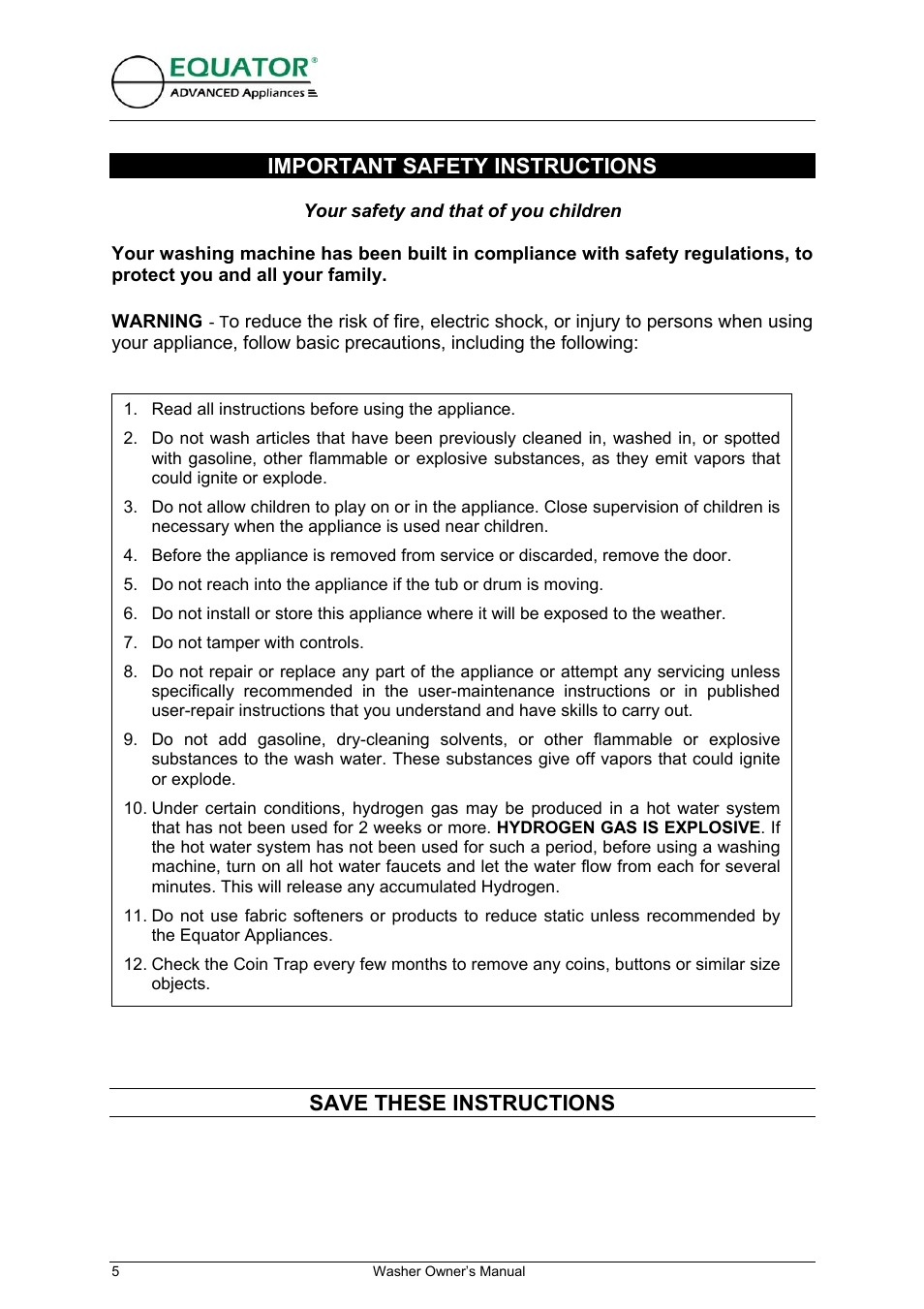 Important safety instructions, Save these instructions | Equator EW 620 User Manual | Page 6 / 23